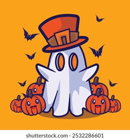illustration of a ghost character carrying a pumpkin greeting halloween vector
