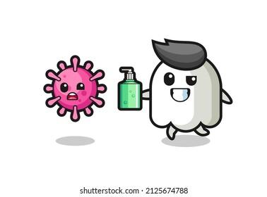 illustration of ghost character chasing evil virus with hand sanitizer , cute style design for t shirt, sticker, logo element