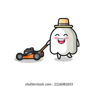 ilustración del personaje fantasma utilizando cortadora de césped , diseño de estilo lindo para camiseta, pegatina, elemento logotipo