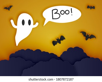 Illustration of a ghost in the clouds with bats