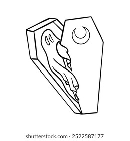 Illustration of a ghost in a coffin, detailed line art