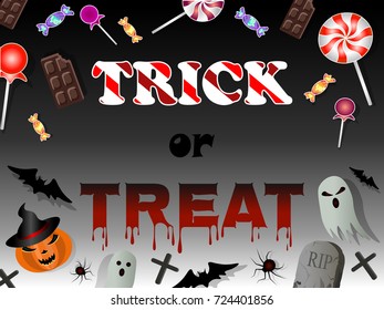 Illustration of ghost, pumpkin and bats.Trick or treat. Halloween banner. Colorful sweets and candies