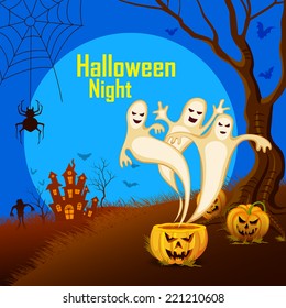 illustration of ghost from pumpkin in Halloween Background