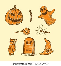 Illustration of ghost, pumpkin, headstone, cat and candy halloween ornament