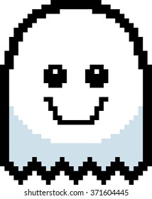 An illustration of a ghost smiling in an 8-bit cartoon style.