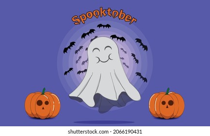 Illustration of a ghost surrounded by bats and two pumpkins for halloween