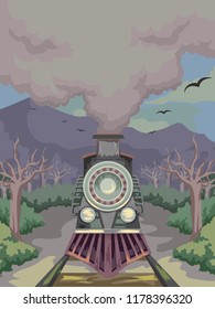Illustration of a Ghost Train Running in the Woods with Smoke Coming Out