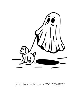 Ilustración de un fantasma paseando a un perro