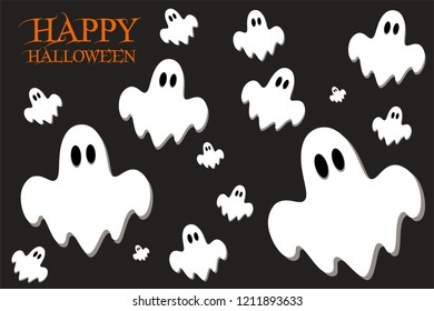 Illustration ghosts on a black background with text Happy Halloween, vector