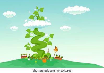 Illustration of a Giant Beanstalk Growing Past a Cloud from a Garden Below