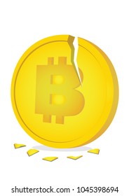 Illustration of giant crack Bitcoin. Business concept of the downfall of cyptocurrency and the danger of investing in virtual currency.