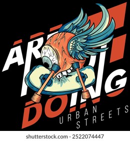 Illustration of a giant eye in tattoo style with wings, tongue and protruding teeth, on a skateboard, biting the board with decorative text, urban style with vibrant colors.