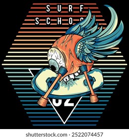 Illustration of a giant eye in tattoo style with wings, tongue and protruding teeth, on a skateboard, biting the board with decorative text, urban style with vibrant colors.