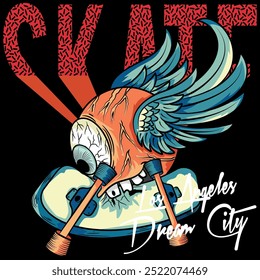 Illustration of a giant eye in tattoo style with wings, tongue and protruding teeth, on a skateboard, biting the board with decorative text, urban style with vibrant colors.