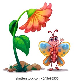 Illustration of a giant flower beside a colorful butterfly on a white background 