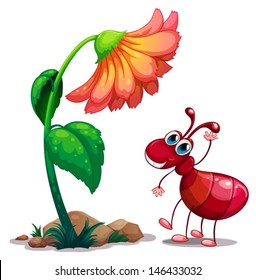 Illustration of a giant flower beside the red ant on a white background 