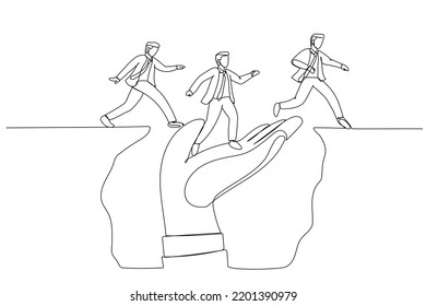 Illustration of giant hand help business people cross the problem gap. metpahor for supportive manager mentor or coach. One line style art
