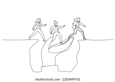 Illustration of giant hand help business people cross the problem gap. metpahor for supportive manager mentor or coach. One line style art
