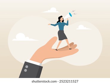 An illustration of giant hand help businesswoman employee to speak out with megaphone. Empower or encourage employee to speak out, listening to feedback or opinion concept