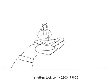 Illustration of giant hand holding a businesswoman who works on laptop, metaphor for employee care, corporate support. Single line art style
