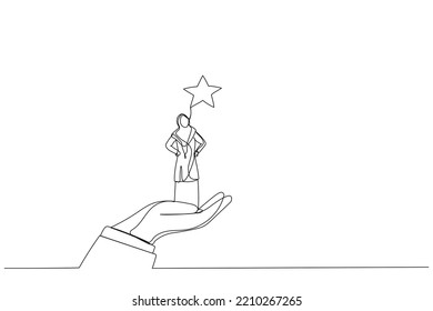 Illustration of giant hand lifting up a muslim businesswoman to the stars. Single continuous line art style
