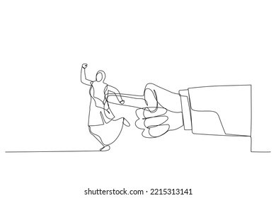 Illustration of giant hand pushing arab businesswoman. Metaphor for giving the push at work. Single line art style
