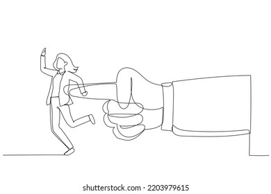 Illustration of giant hand pushing businesswoman. Metaphor for giving the push at work. Single line art style
