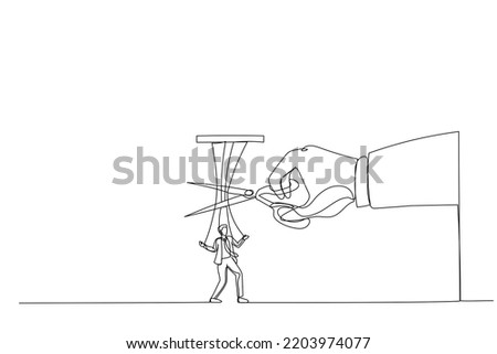 Illustration of giant hand with scissors cutting the strings attached to businessman. Metaphor for freedom, independent, liberation. One line art style
