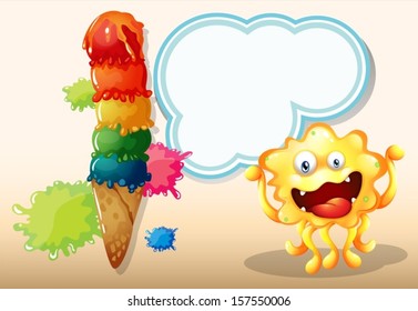 Illustration of a giant icecream beside the yellow monster with an empty callout