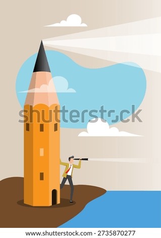 An illustration of a giant pencil designed as a lighthouse, emitting beams of light across the sky, and a businessman looking through a telescope toward the sea. Represents creative guidance, searching for business opportunities and strategic vision