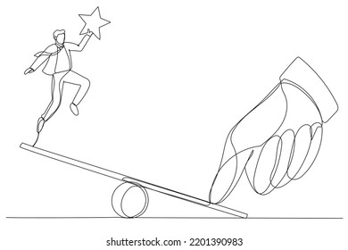 Illustration of giant thumb helping businessman to jump on seesaw. One line art style