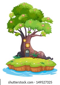 Illustration of a giant tree in an island on a white background