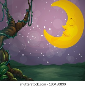 Ilustración de un árbol gigante y una luna dormida