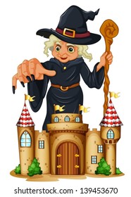 Illustration of a giant witch at the back of a castle on a white background