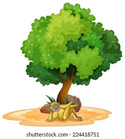 Ilustración de un gibón relajándose bajo un árbol
