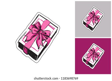 Illustration of gift box with bow. Luxury fashion style clip-art icon for branding, t-shirt print, promo ads. Isolated vector element on white, gray and amaranth purple colors.
