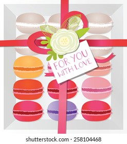 Illustration with gift box of colorful French macaroons