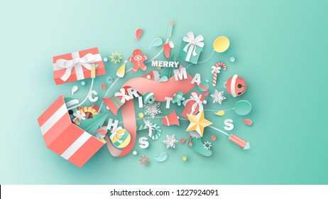 Illustration of gift box design with Christmas elements spread out. Surprise open gift box for Christmas. Graphic design for Christmas season. paper art design. vector, illustration.