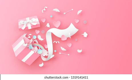 Illustration of gift box design with Valentine’s elements splash. Surprise open gift box for Valentine’s day. paper cut and craft style. vector, illustration.