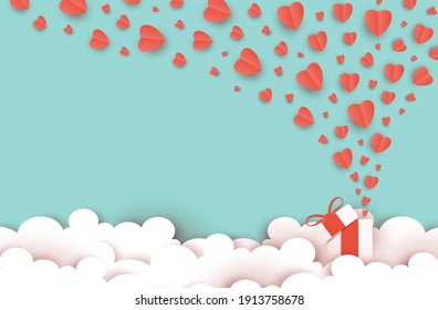 illustration gift box with flying love and valentine day, Origami paper cut style, heart float on the sky, decoration cloud creative art, digital craft vector