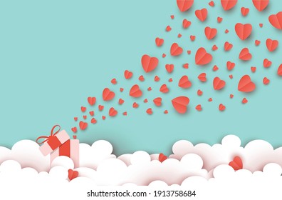 illustration gift box with flying love and valentine day, Origami paper cut style, heart float on the sky, decoration cloud creative art, digital craft vector