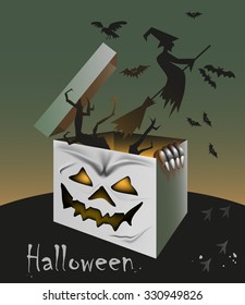 illustration of a gift of a box with a horrible grimace and depart from her monsters