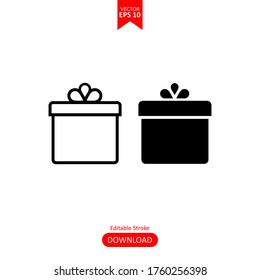 Illustration of gift box icon isolated on white background. Christmas gift icon illustration vector symbol. Present gift box icon. Package in gift wrap.