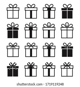 	
Illustration of gift box icon set isolated on white background. Christmas gift icon illustration vector symbol. Present gift box icon. Package in gift wrap.