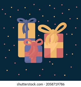 Illustration of a gift box. Icons of gift boxes in color for design. The surprise is inside. Presents in prize boxes. Vector illustration