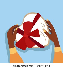 Illustration of a gift box on the table, top view. The girl is holding a box in her hands. Women's hands unwrap the gift. A gift in raft paper. The box is decorated with decor. Banner, postcard