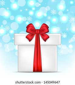 Illustration gift box with red bow on glowing background - vector