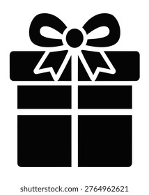 illustration of a gift box with ribbon and bow. Minimal outline icon representing present, surprise, celebration, holiday, and special occasion. Clean monochrome design isolated on white background.