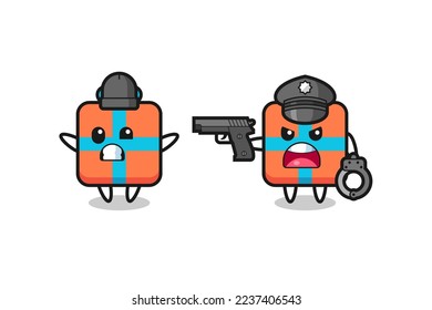 Illustration von Geschenkbox-Räuber mit von der Polizei gefangenen Handhosen , niedliches Design für T-Shirt, Aufkleber, Logo-Element