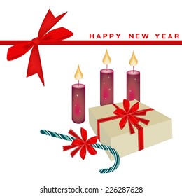 Illustration of Gift Boxes, Candy Canes and Christmas Candles on New Year Greeting Card.  